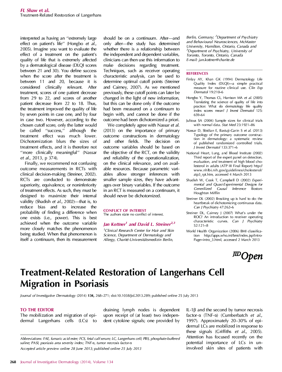 Treatment-Related Restoration of Langerhans Cell Migration in Psoriasis