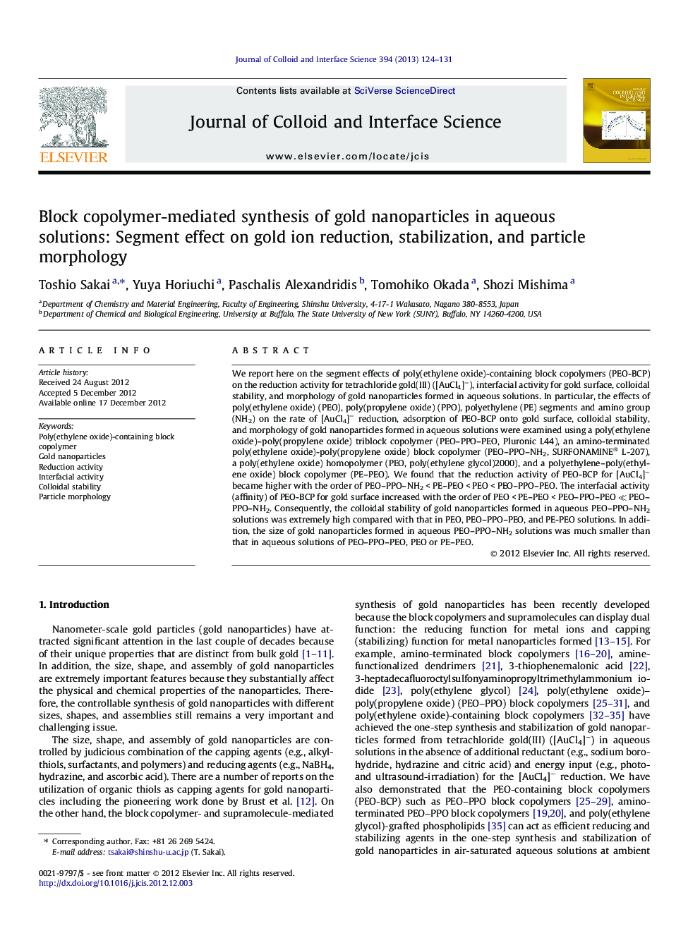 Block copolymer-mediated synthesis of gold nanoparticles in aqueous solutions: Segment effect on gold ion reduction, stabilization, and particle morphology