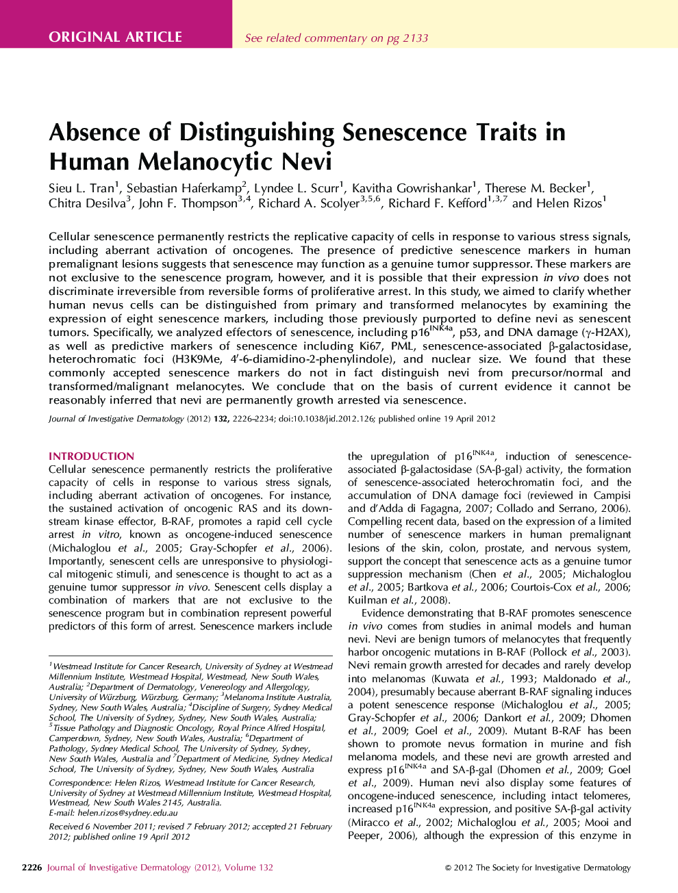 Original ArticleAbsence of Distinguishing Senescence Traits in Human Melanocytic Nevi