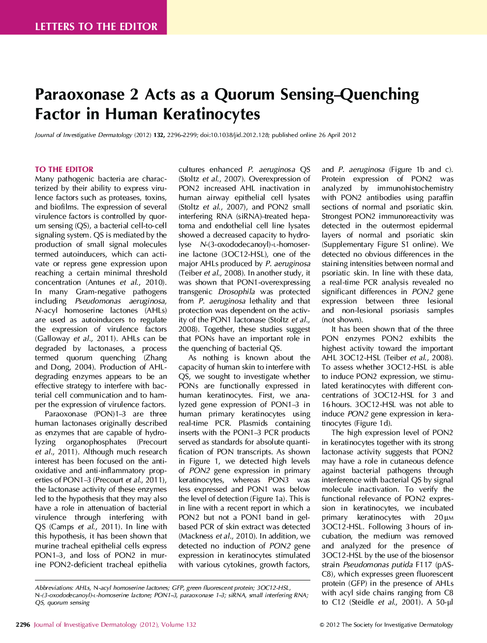 Paraoxonase 2 Acts as a Quorum Sensing-Quenching Factor in Human Keratinocytes
