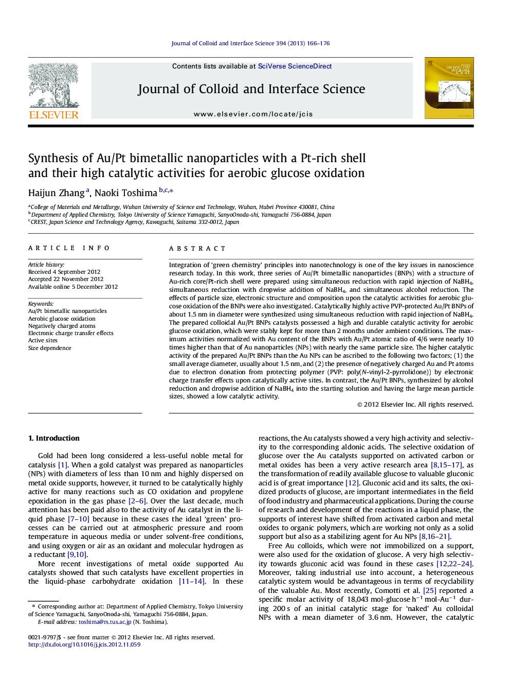 Synthesis of Au/Pt bimetallic nanoparticles with a Pt-rich shell and their high catalytic activities for aerobic glucose oxidation