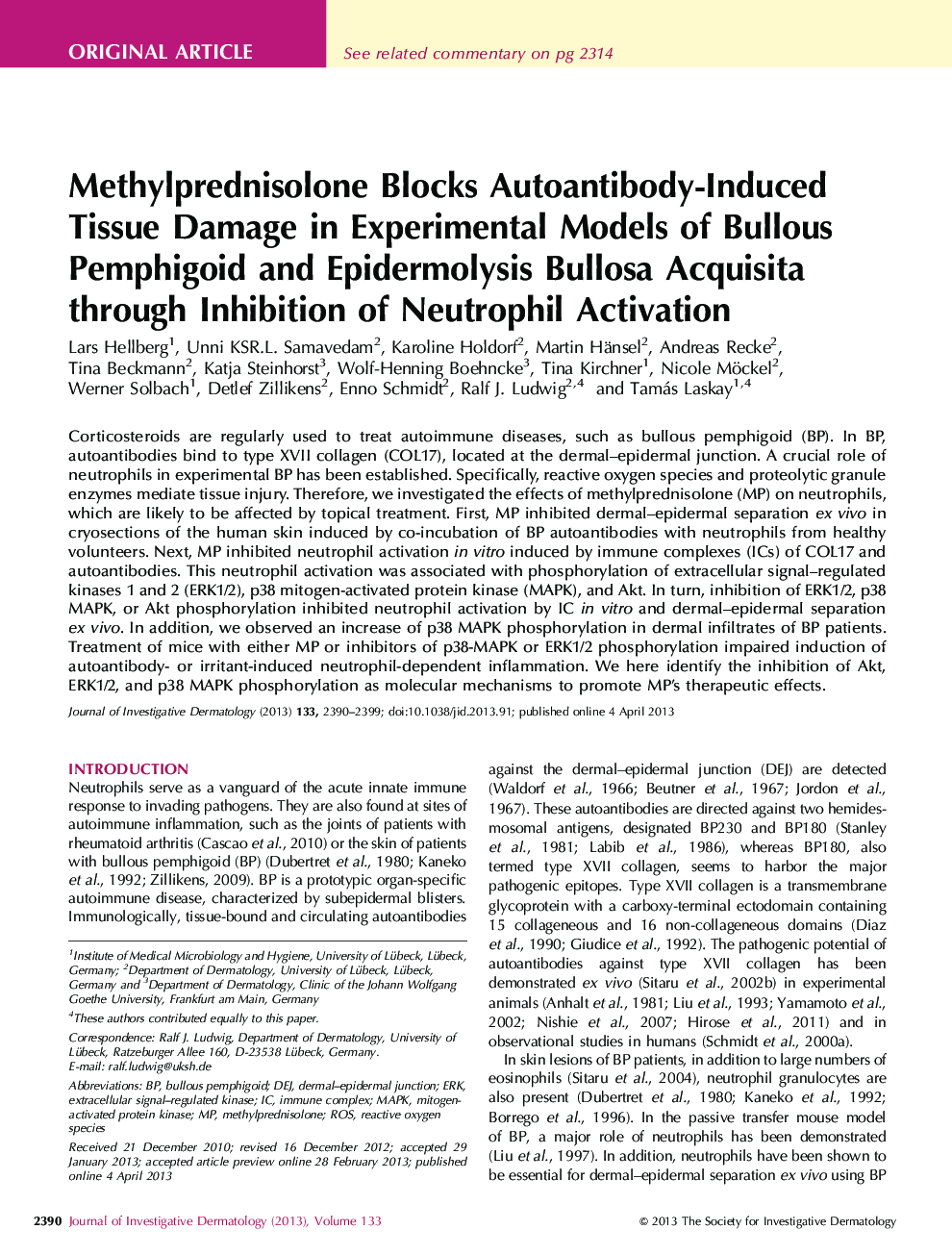 Methylprednisolone Blocks Autoantibody-Induced Tissue Damage in Experimental Models of Bullous Pemphigoid and Epidermolysis Bullosa Acquisita through Inhibition of Neutrophil Activation