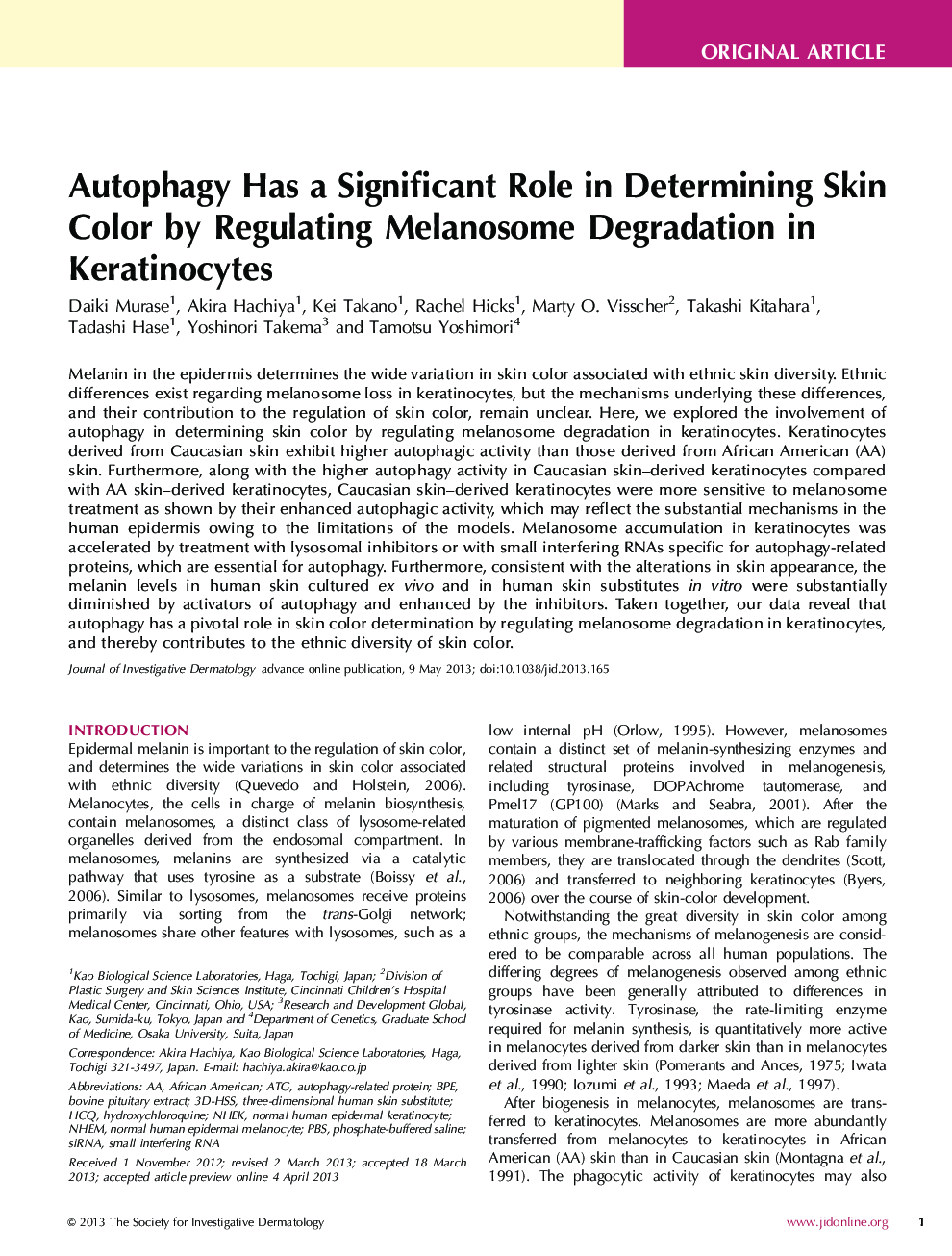 Autophagy Has a Significant Role in Determining Skin Color by Regulating Melanosome Degradation in Keratinocytes