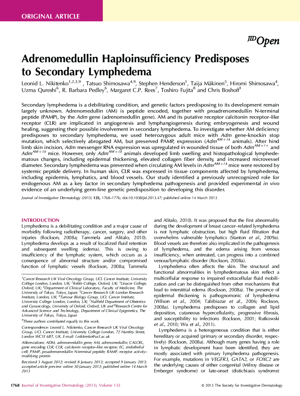 Adrenomedullin Haploinsufficiency Predisposes to Secondary Lymphedema