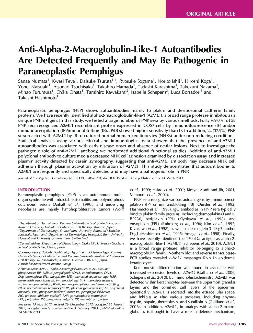 Anti-Alpha-2-Macroglobulin-Like-1 Autoantibodies Are Detected Frequently and May Be Pathogenic in Paraneoplastic Pemphigus