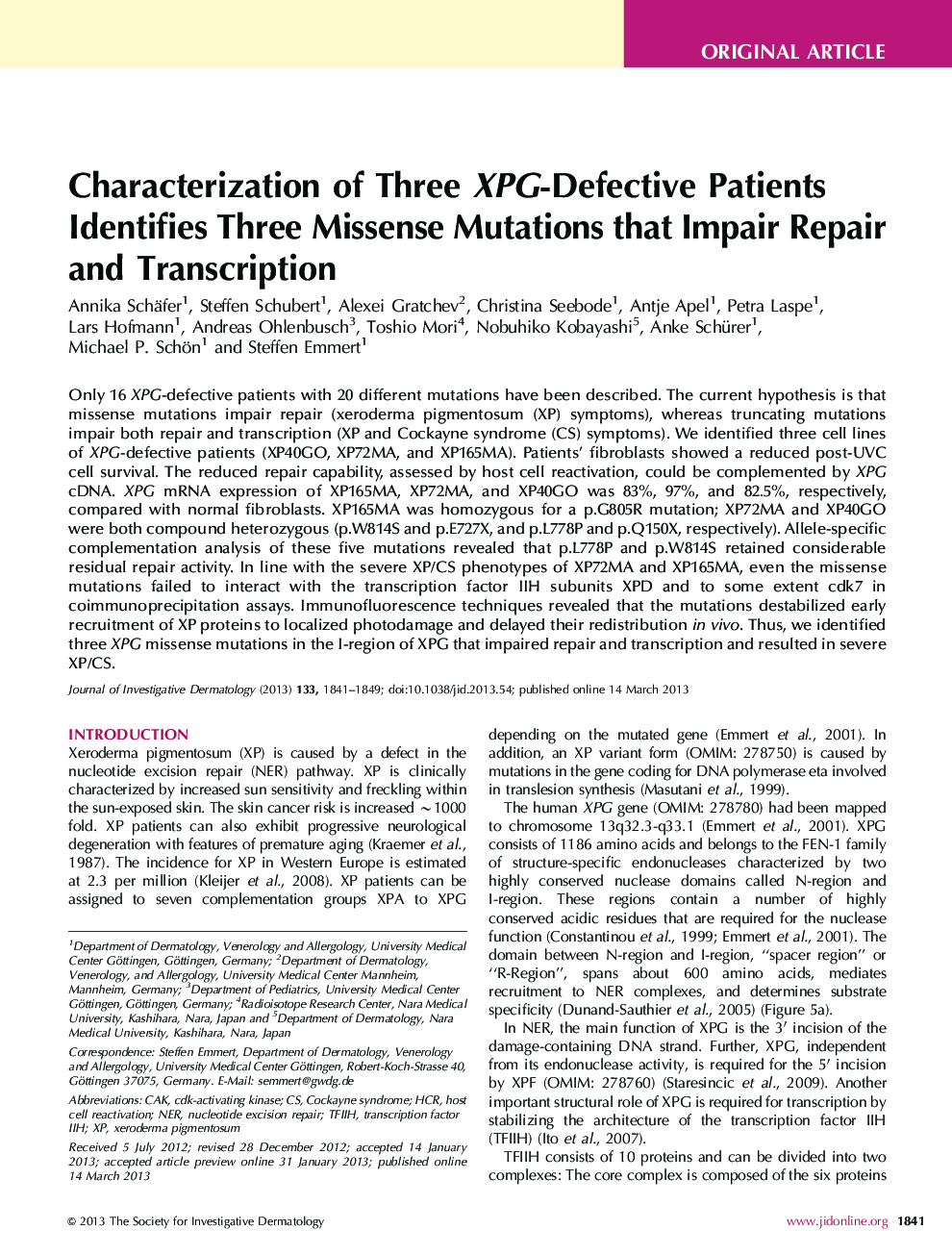 Characterization of Three XPG-Defective Patients Identifies Three Missense Mutations that Impair Repair and Transcription