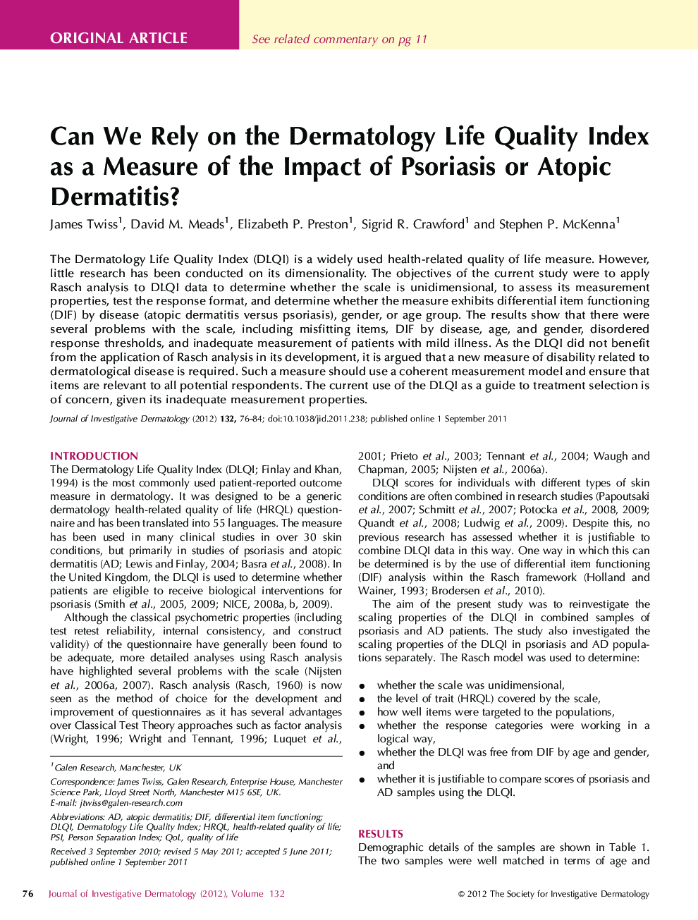 Can We Rely on the Dermatology Life Quality Index as a Measure of the Impact of Psoriasis or Atopic Dermatitis?