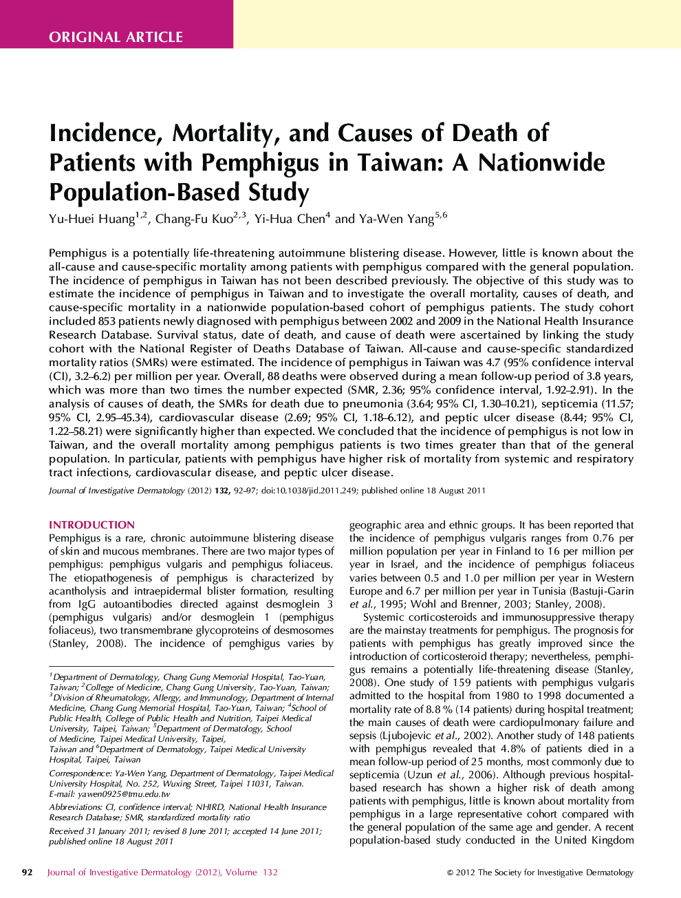Incidence, Mortality, and Causes of Death of Patients with Pemphigus in Taiwan: A Nationwide Population-Based Study
