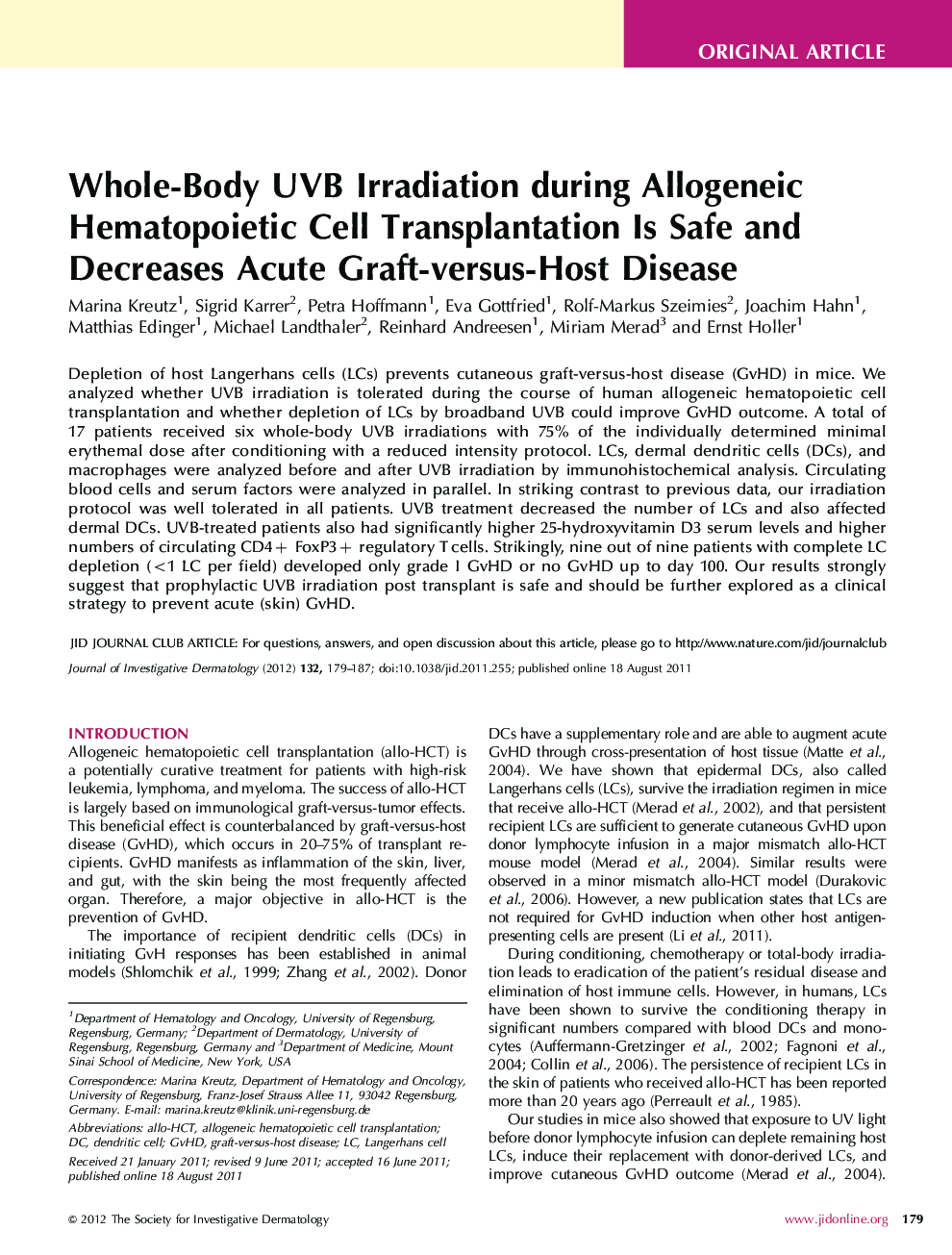 Whole-Body UVB Irradiation during Allogeneic Hematopoietic Cell Transplantation Is Safe and Decreases Acute Graft-versus-Host Disease