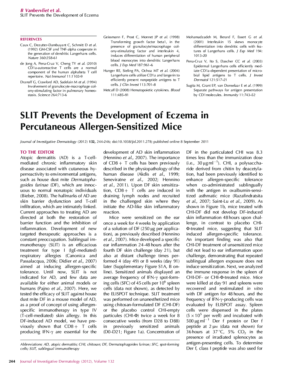 SLIT Prevents the Development of Eczema in Percutaneous Allergen-Sensitized Mice