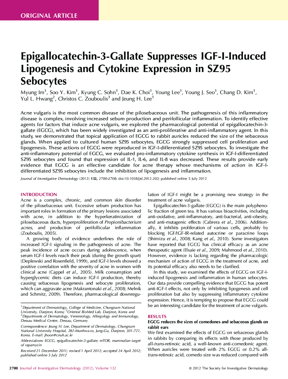 Epigallocatechin-3-Gallate Suppresses IGF-I-Induced Lipogenesis and Cytokine Expression in SZ95 Sebocytes