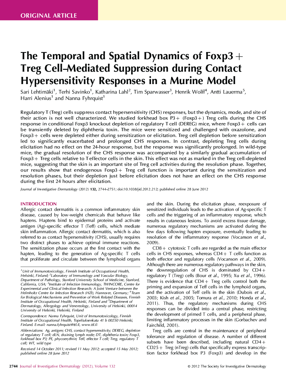 The Temporal and Spatial Dynamics of Foxp3+ Treg Cell-Mediated Suppression during Contact Hypersensitivity Responses in a Murine Model