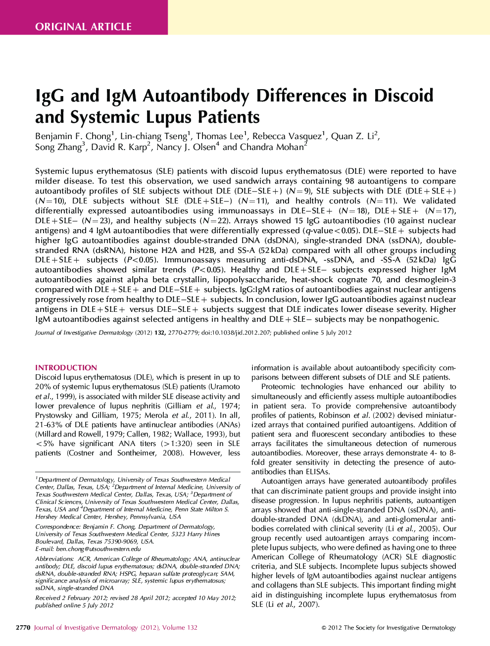 IgG and IgM Autoantibody Differences in Discoid and Systemic Lupus Patients