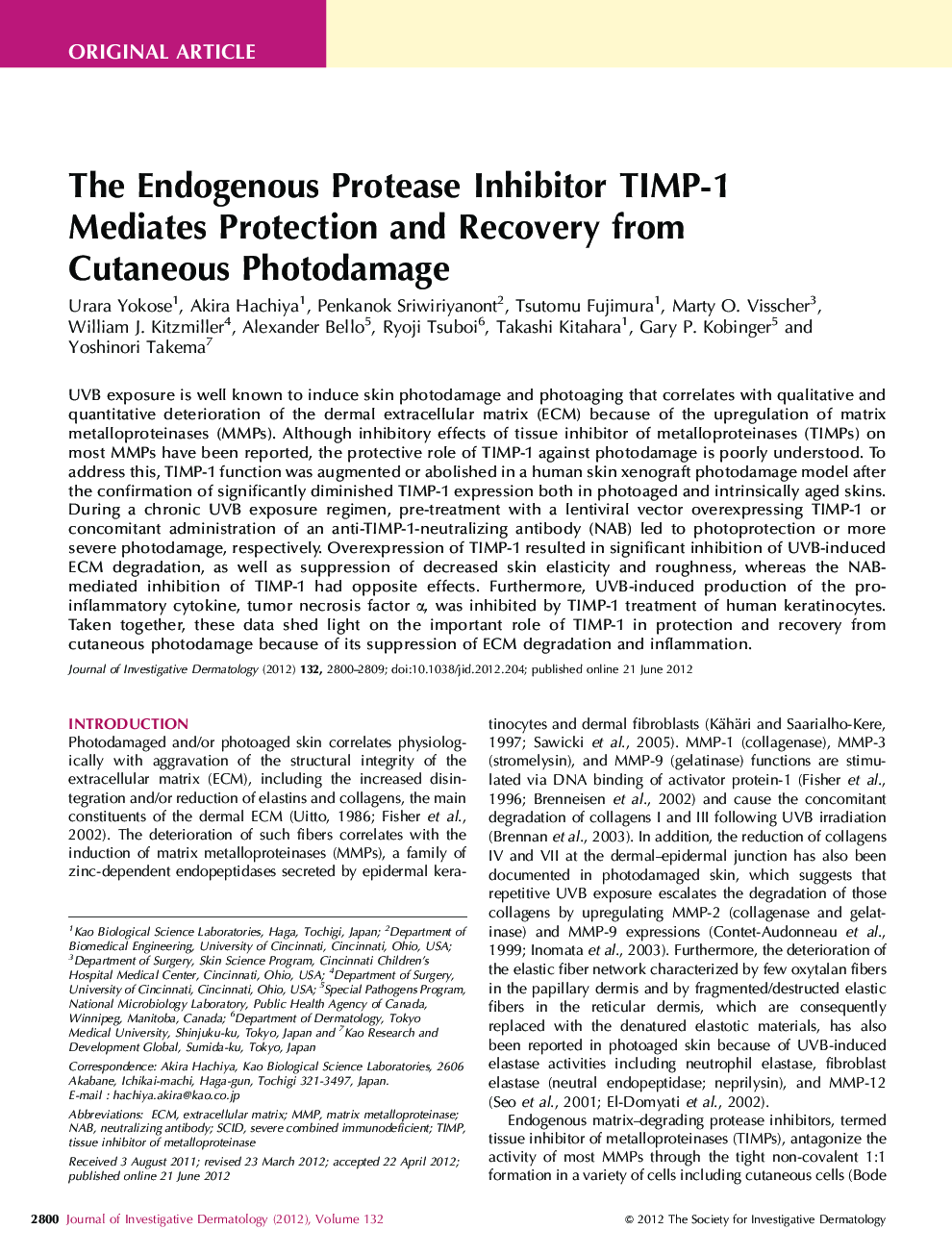 The Endogenous Protease Inhibitor TIMP-1 Mediates Protection and Recovery from Cutaneous Photodamage