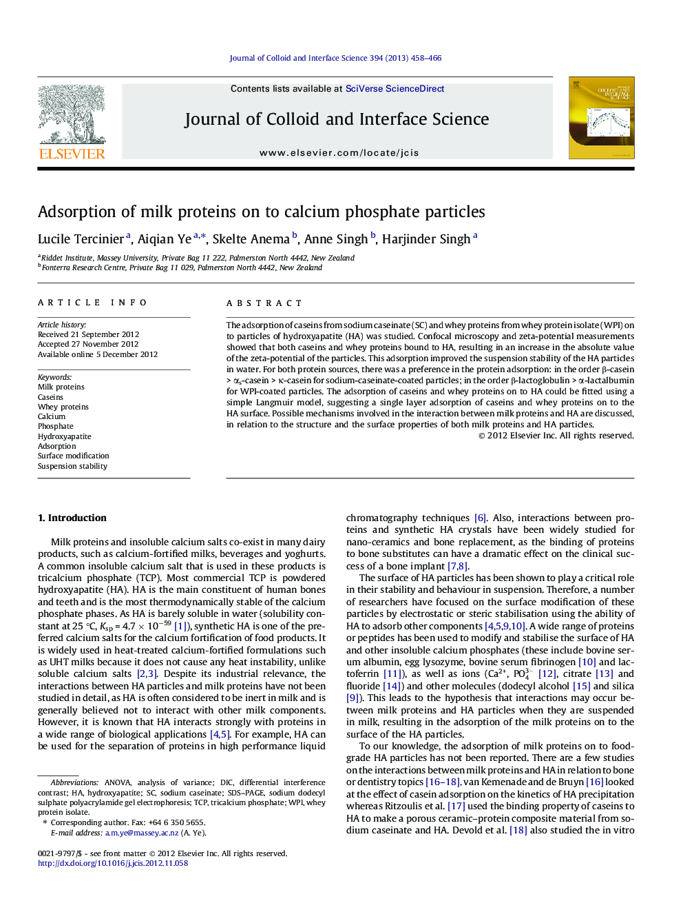 Adsorption of milk proteins on to calcium phosphate particles