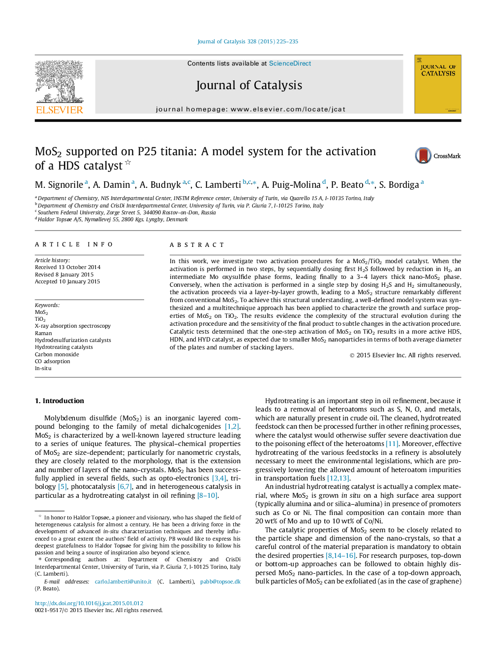 MoS2 supported on P25 titania: A model system for the activation of a HDS catalyst 