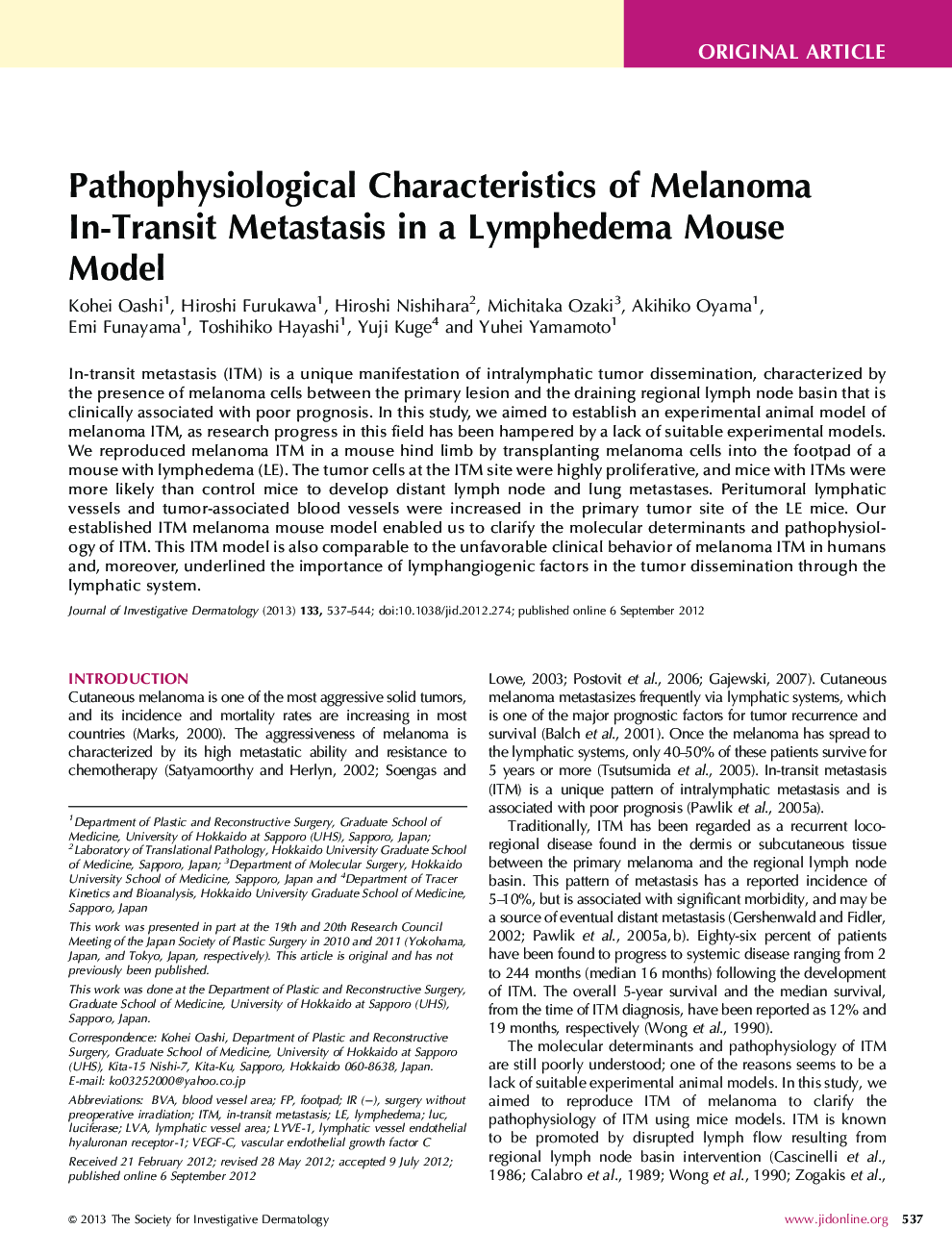 Pathophysiological Characteristics of Melanoma In-Transit Metastasis in a Lymphedema Mouse Model