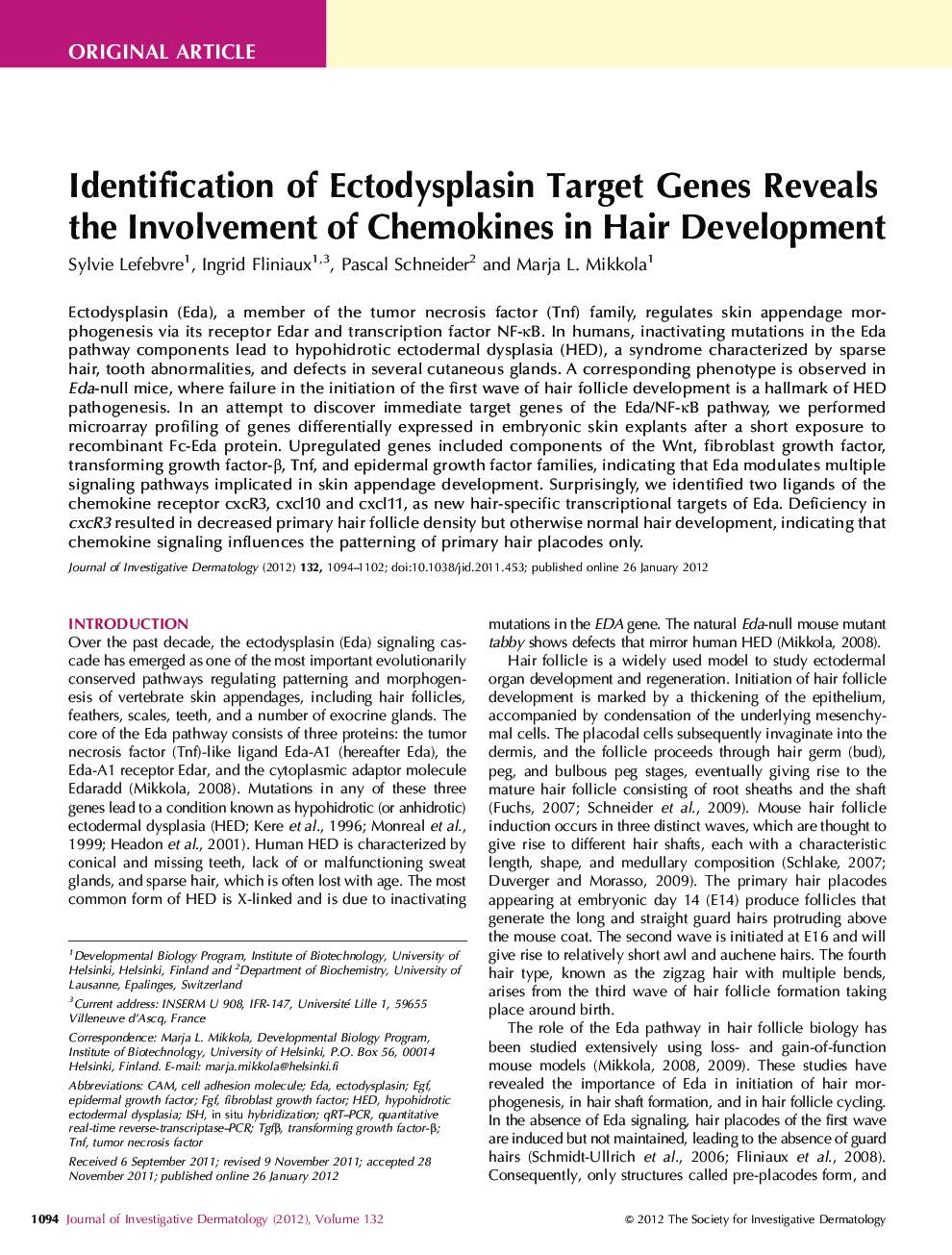 Identification of Ectodysplasin Target Genes Reveals the Involvement of Chemokines in Hair Development