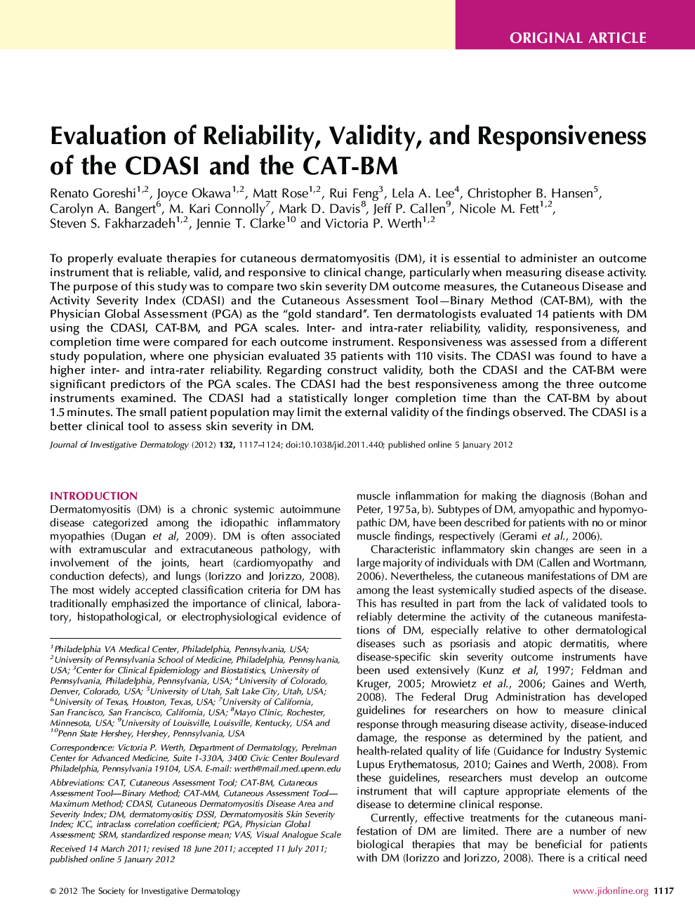 Original ArticleEvaluation of Reliability, Validity, and Responsiveness of the CDASI and the CAT-BM