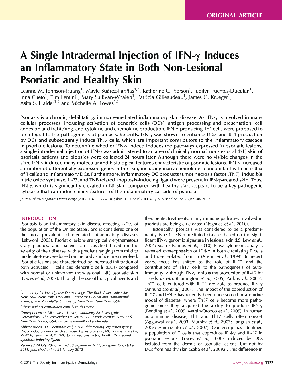 A Single Intradermal Injection of IFN-Î³ Induces an Inflammatory State in Both Non-Lesional Psoriatic and Healthy Skin