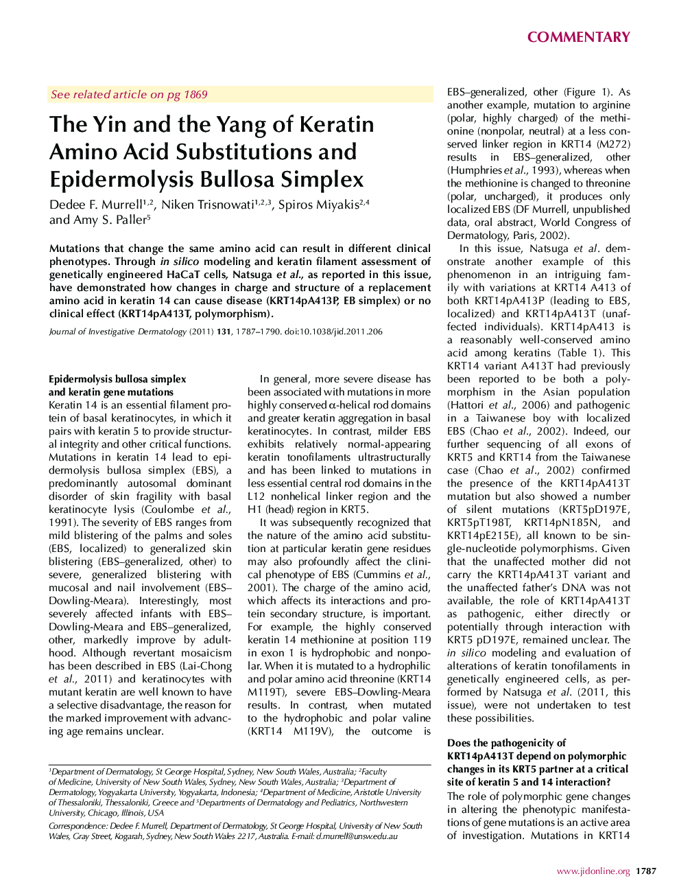 The Yin and the Yang of Keratin Amino Acid Substitutions and Epidermolysis Bullosa Simplex