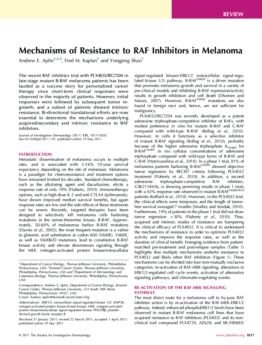 Mechanisms of Resistance to RAF Inhibitors in Melanoma
