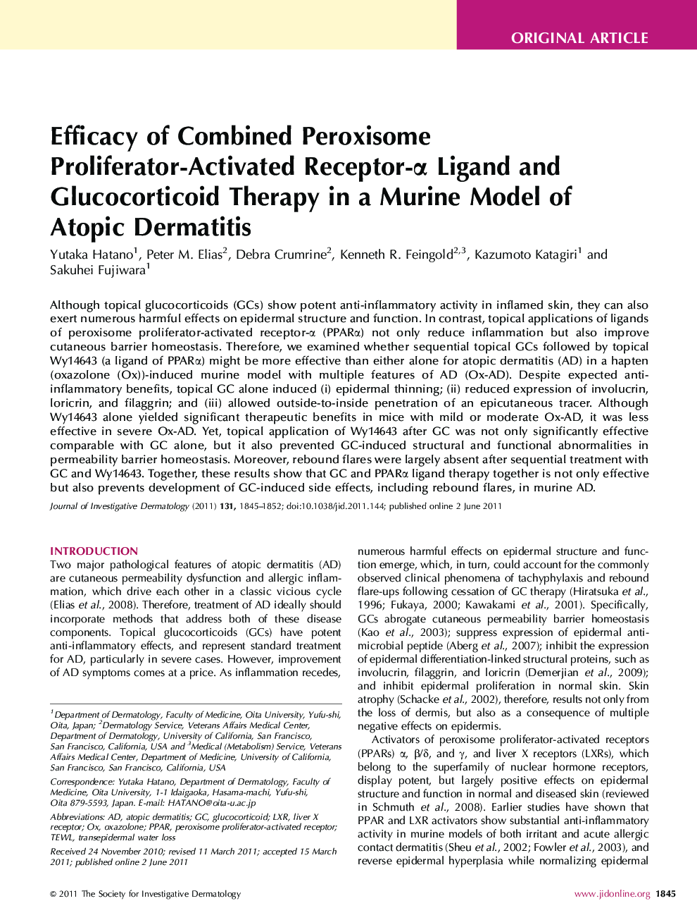 Original ArticleEfficacy of Combined Peroxisome Proliferator-Activated Receptor-Î± Ligand and Glucocorticoid Therapy in a Murine Model of Atopic Dermatitis