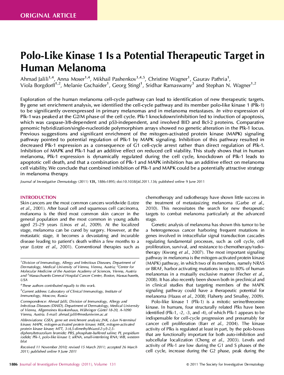 Polo-Like Kinase 1 Is a Potential Therapeutic Target in Human Melanoma