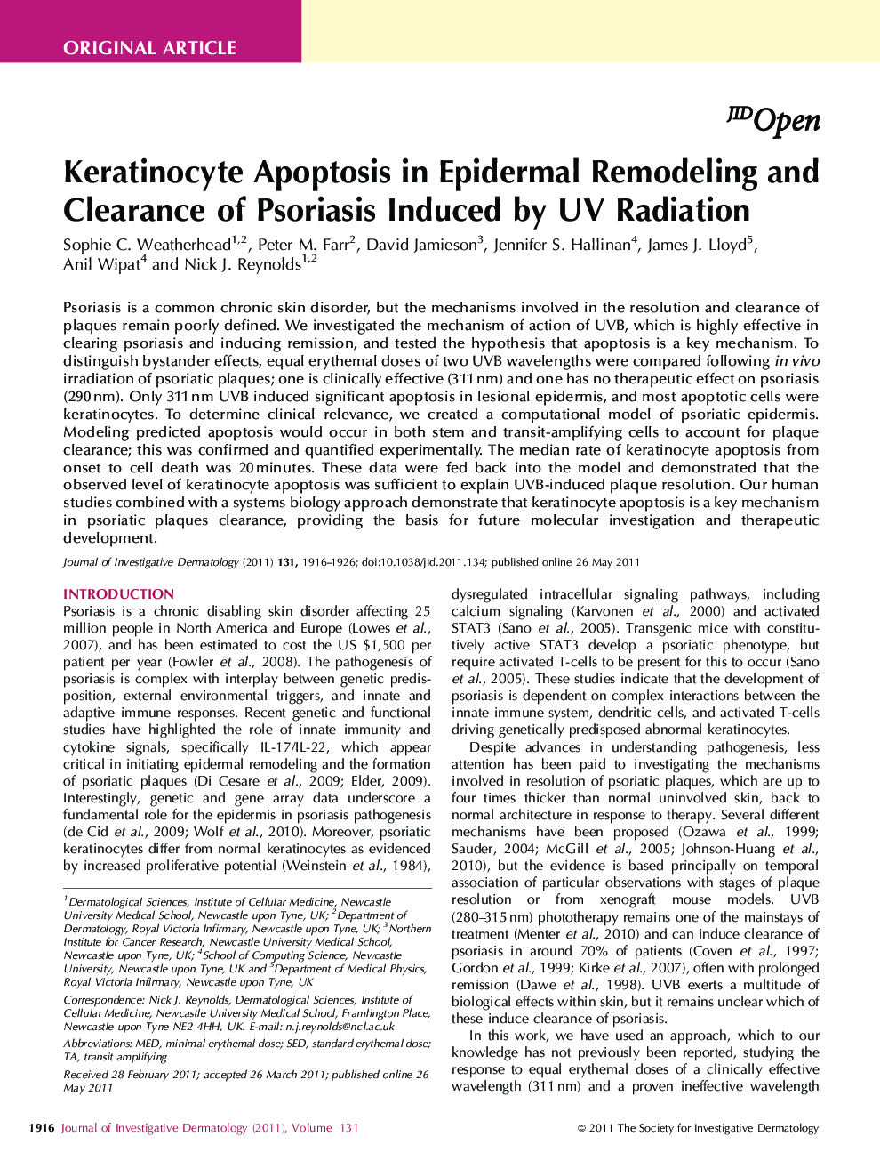 Original ArticleKeratinocyte Apoptosis in Epidermal Remodeling and Clearance of Psoriasis Induced by UV Radiation
