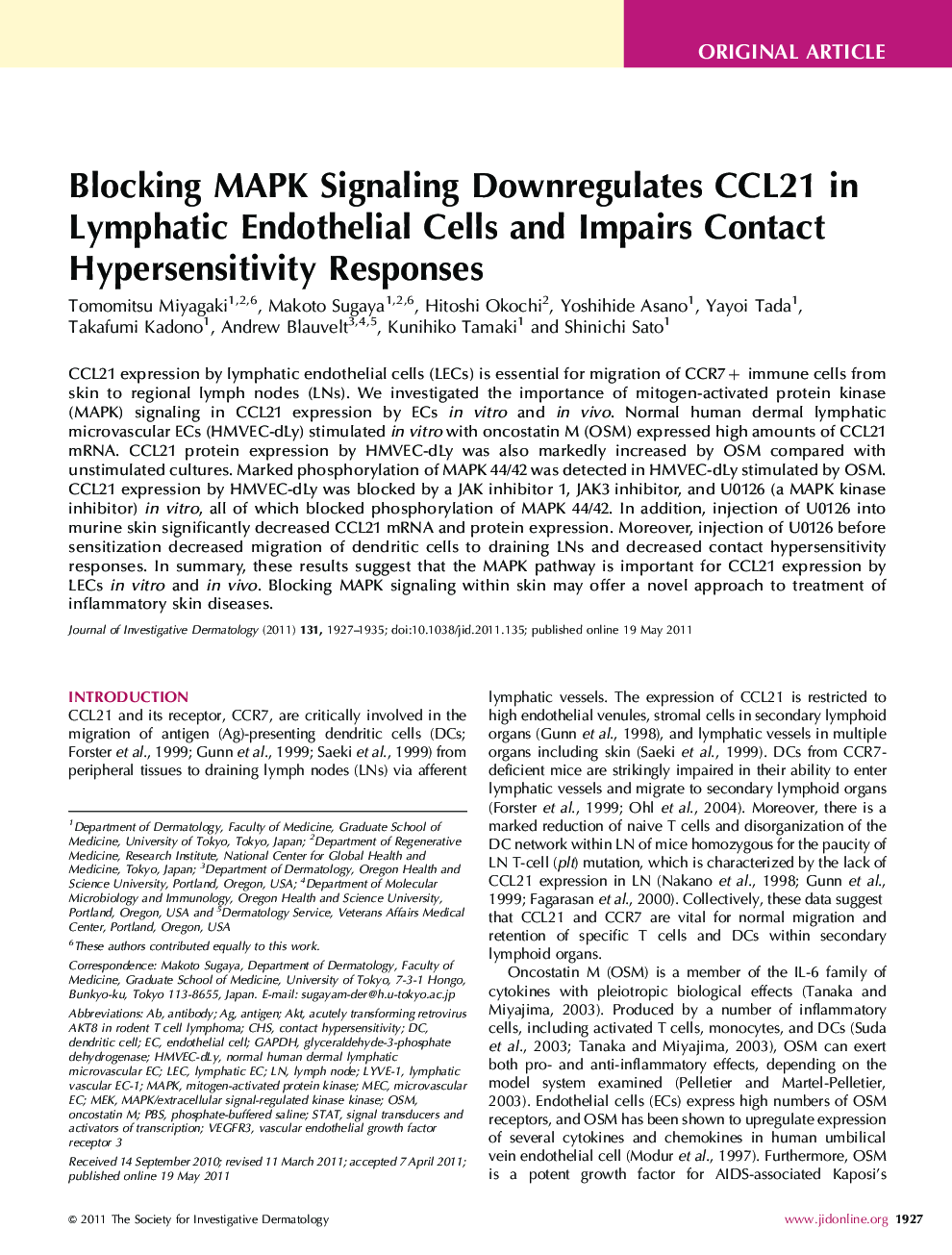 Original ArticleBlocking MAPK Signaling Downregulates CCL21 in Lymphatic Endothelial Cells and Impairs Contact Hypersensitivity Responses