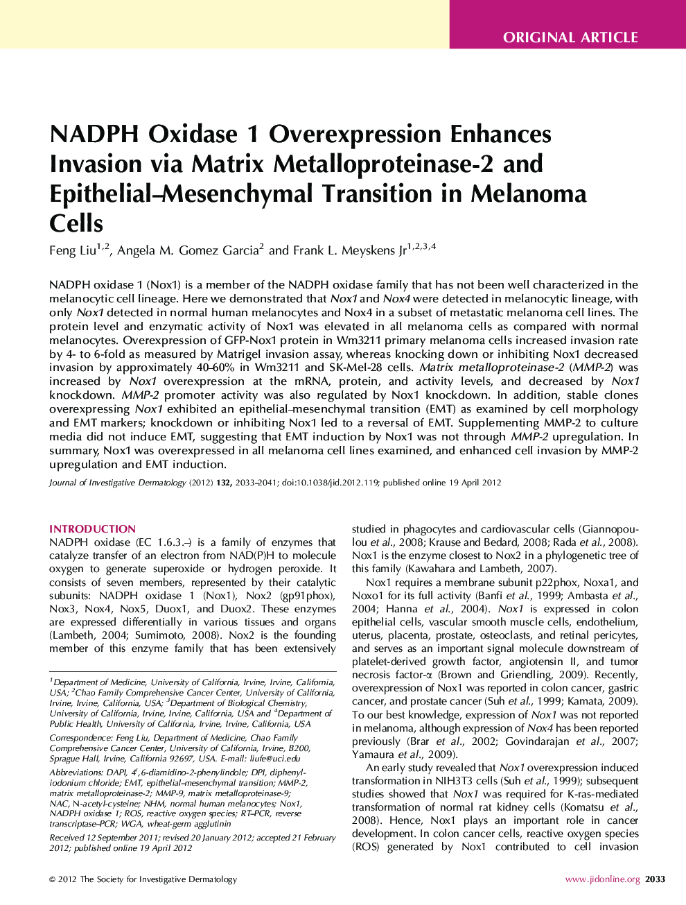 NADPH Oxidase 1 Overexpression Enhances Invasion via Matrix Metalloproteinase-2 and Epithelial-Mesenchymal Transition in Melanoma Cells