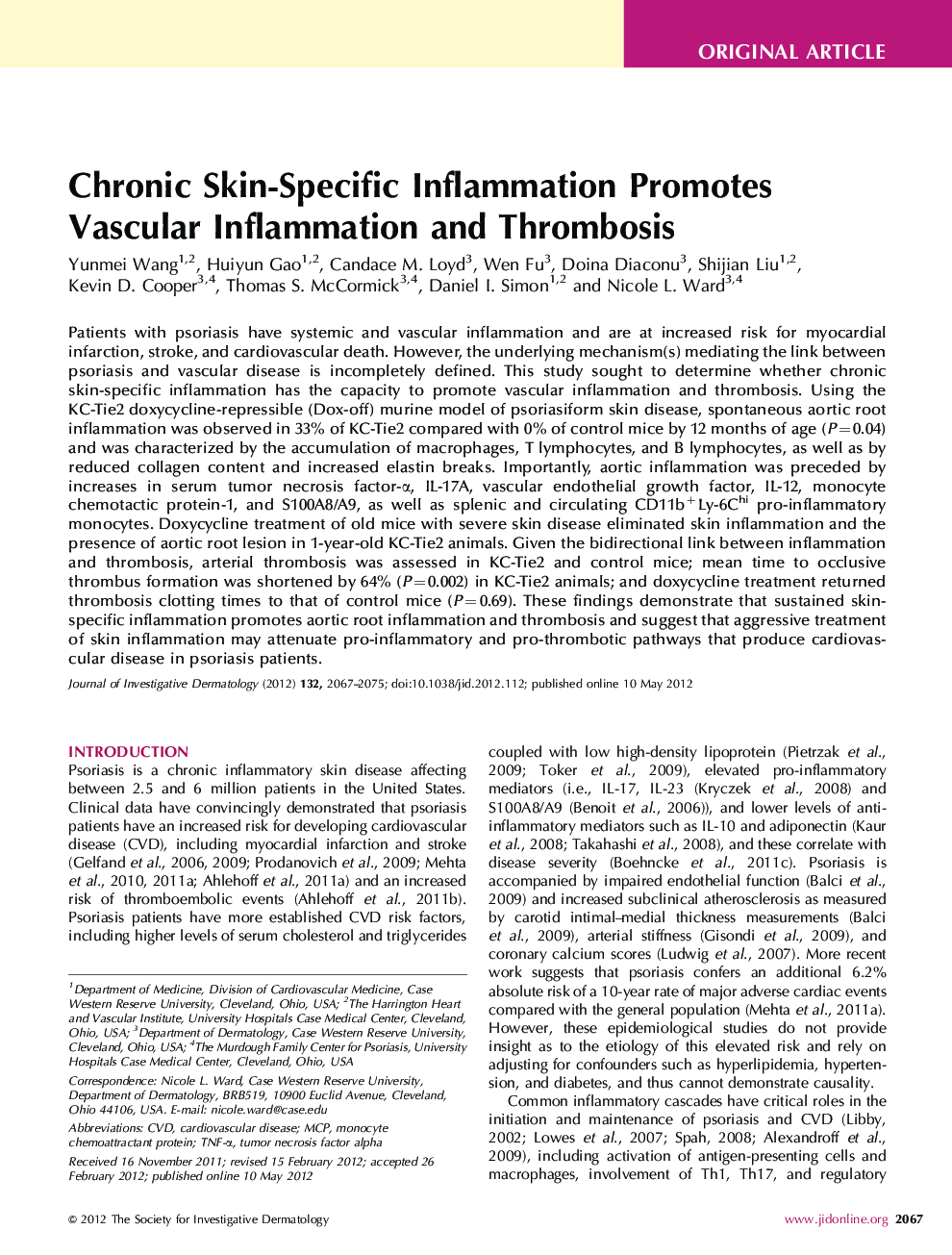 Chronic Skin-Specific Inflammation Promotes Vascular Inflammation and Thrombosis