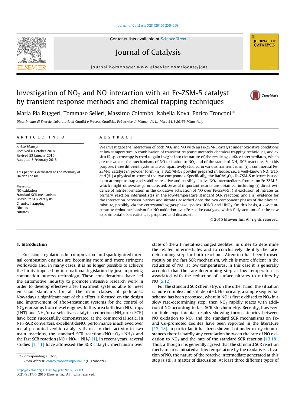 Investigation of NO2 and NO interaction with an Fe-ZSM-5 catalyst by transient response methods and chemical trapping techniques