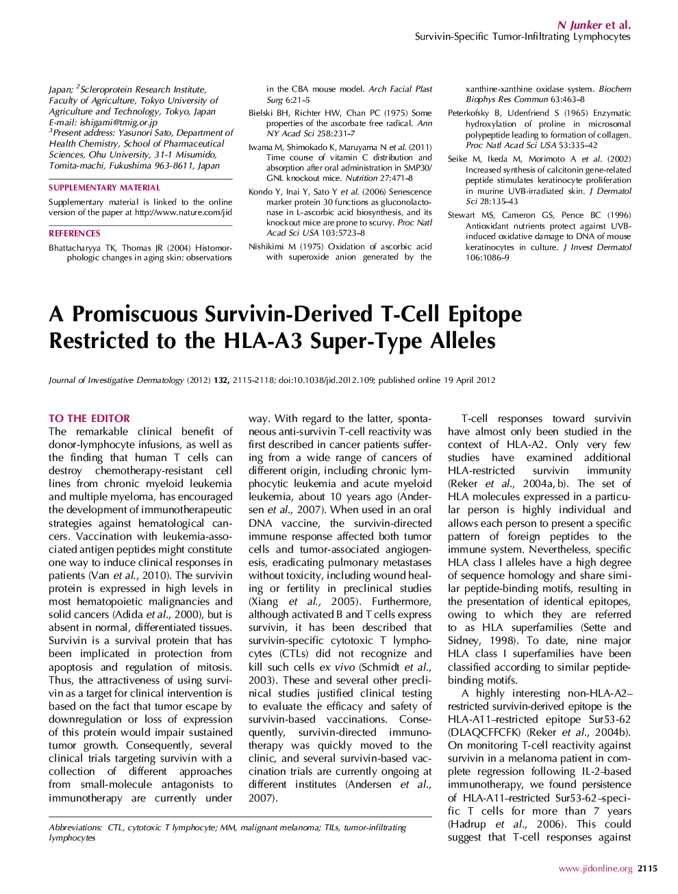 A Promiscuous Survivin-Derived T-Cell Epitope Restricted to the HLA-A3 Super-Type Alleles