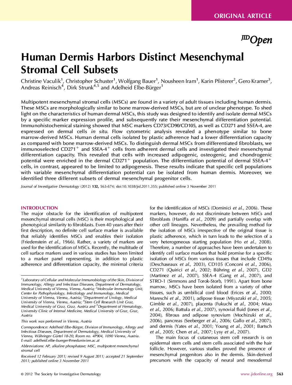Original ArticleHuman Dermis Harbors Distinct Mesenchymal Stromal Cell Subsets
