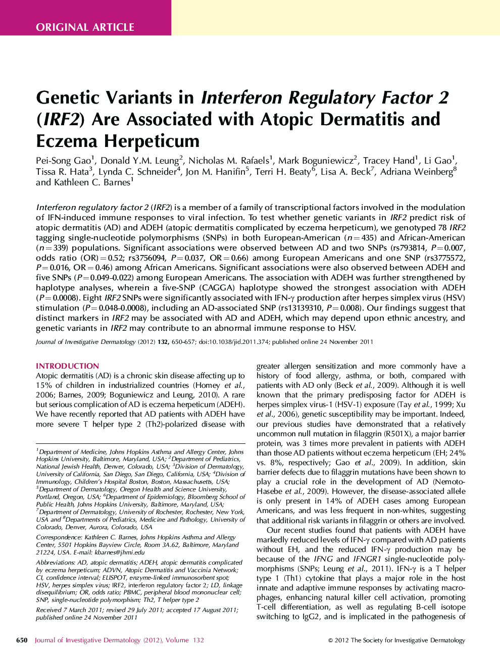 Genetic Variants in Interferon Regulatory Factor 2 (IRF2) Are Associated with Atopic Dermatitis and Eczema Herpeticum