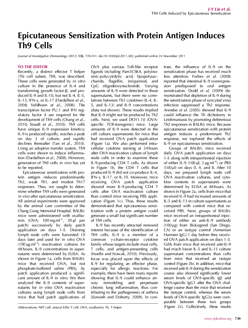 Epicutaneous Sensitization with Protein Antigen Induces Th9 Cells