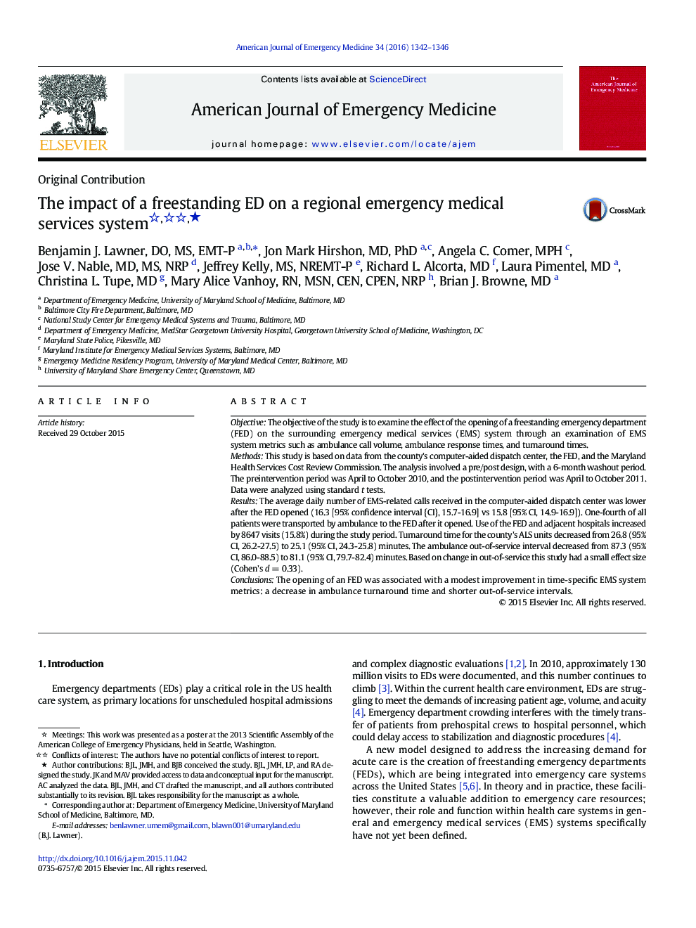 Original ContributionThe impact of a freestanding ED on a regional emergency medical services systemâ