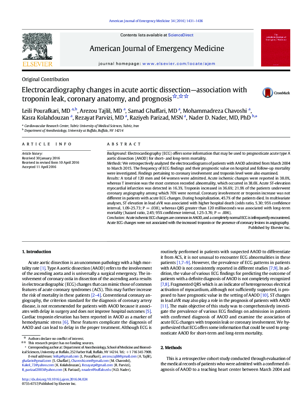 Original ContributionElectrocardiography changes in acute aortic dissection-association with troponin leak, coronary anatomy, and prognosis