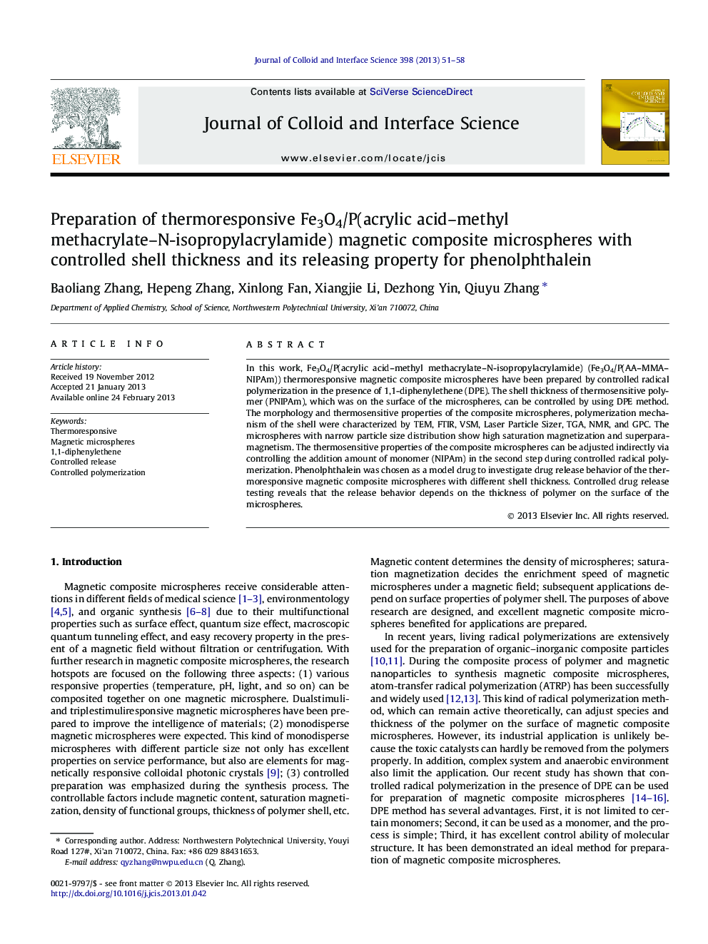 Preparation of thermoresponsive Fe3O4/P(acrylic acid–methyl methacrylate–N-isopropylacrylamide) magnetic composite microspheres with controlled shell thickness and its releasing property for phenolphthalein