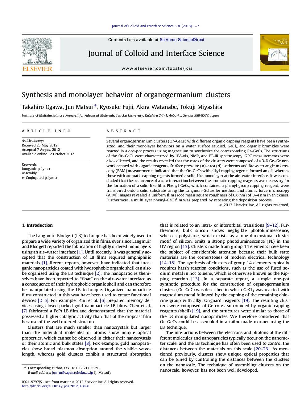 Synthesis and monolayer behavior of organogermanium clusters