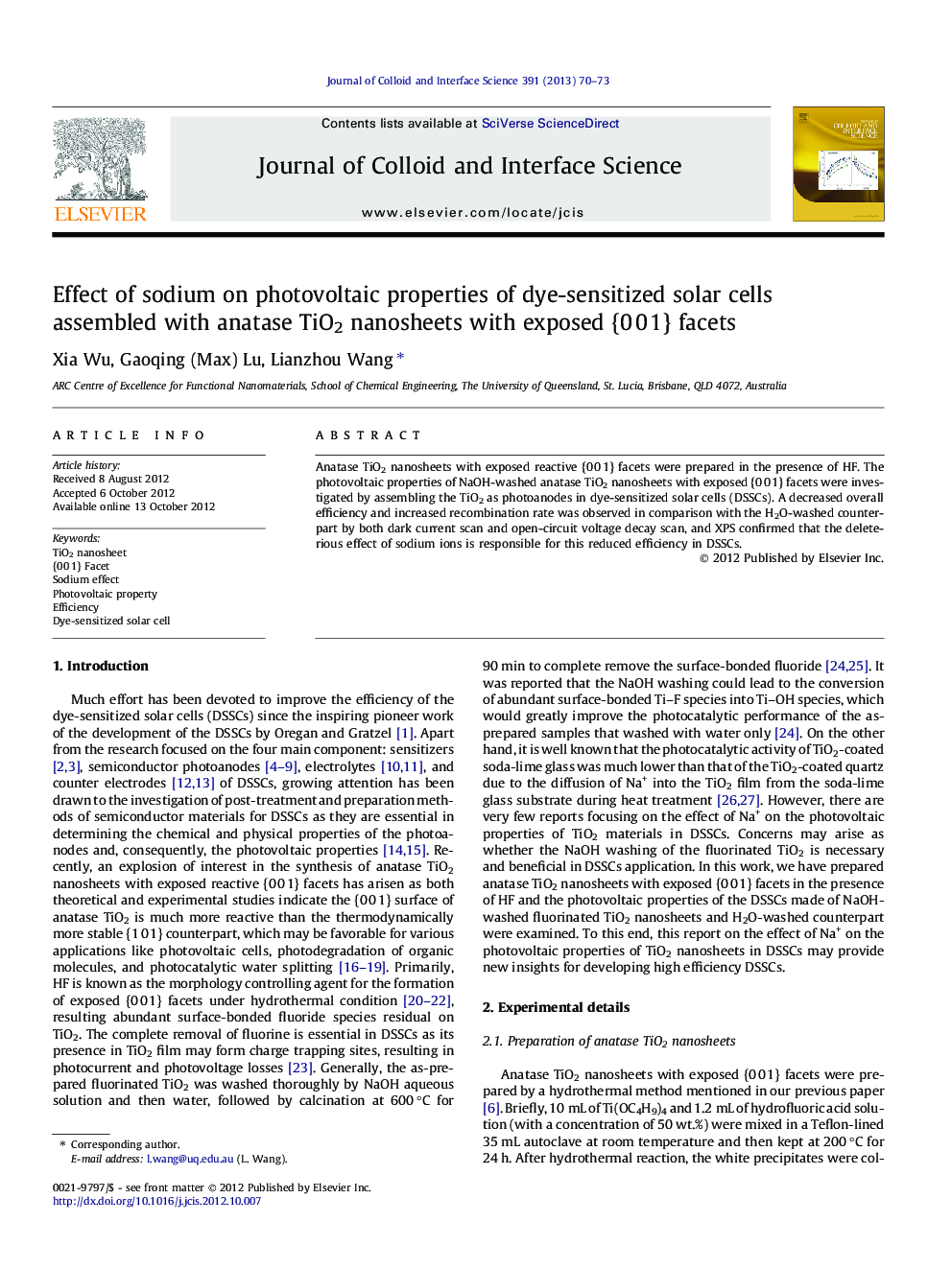 Effect of sodium on photovoltaic properties of dye-sensitized solar cells assembled with anatase TiO2 nanosheets with exposed {0 0 1} facets