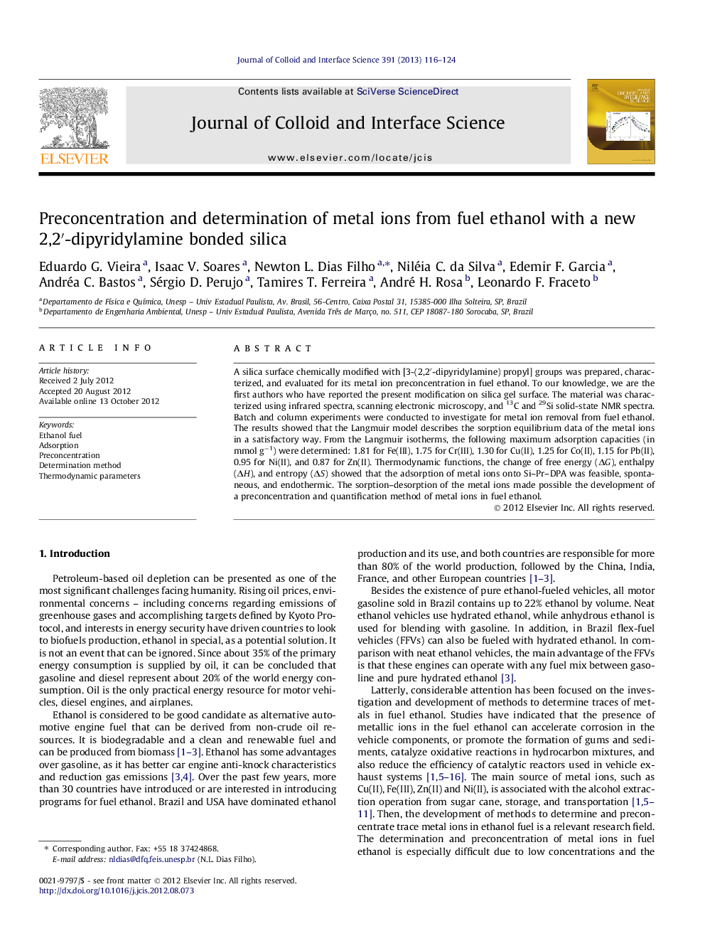 Preconcentration and determination of metal ions from fuel ethanol with a new 2,2′-dipyridylamine bonded silica