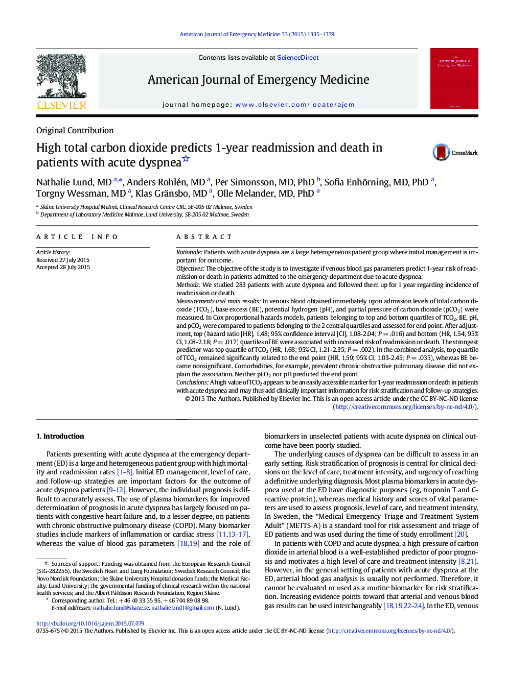 Original ContributionHigh total carbon dioxide predicts 1-year readmission and death in patients with acute dyspnea