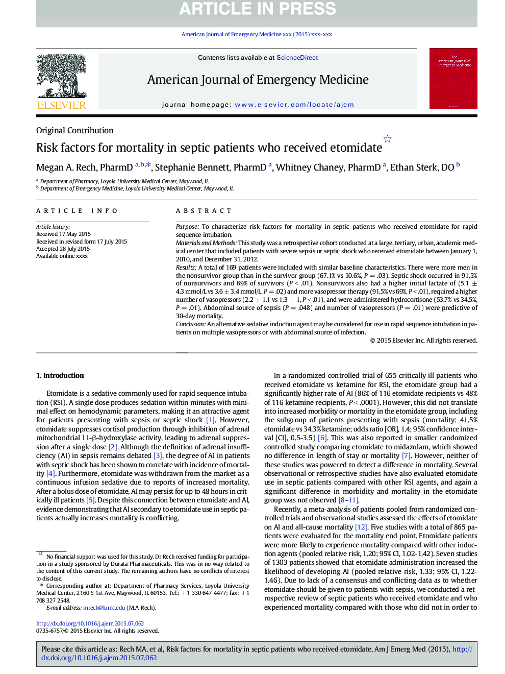 Risk factors for mortality in septic patients who received etomidate