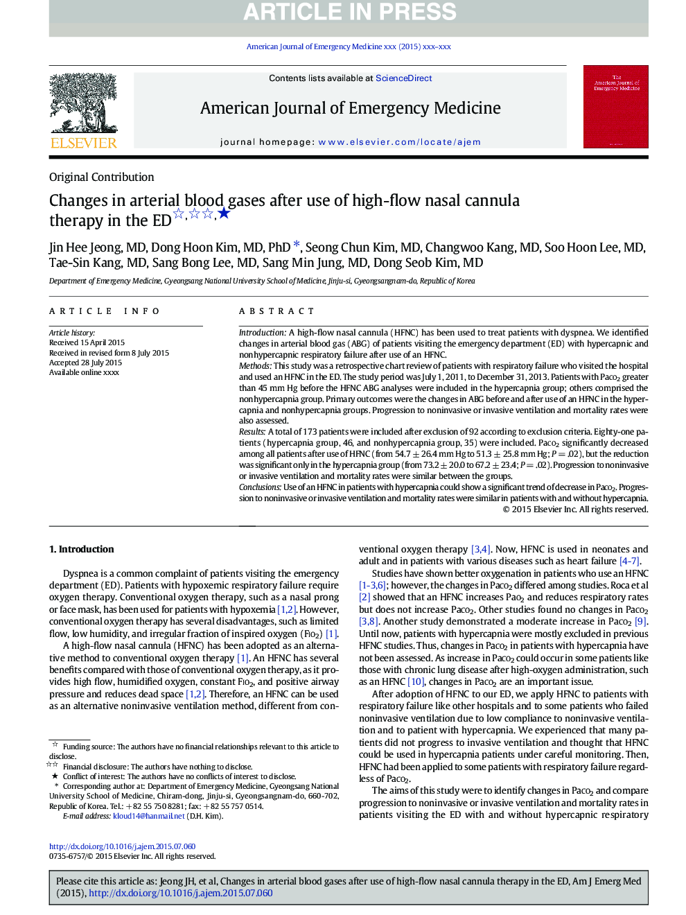 Changes in arterial blood gases after use of high-flow nasal cannula therapy in the ED