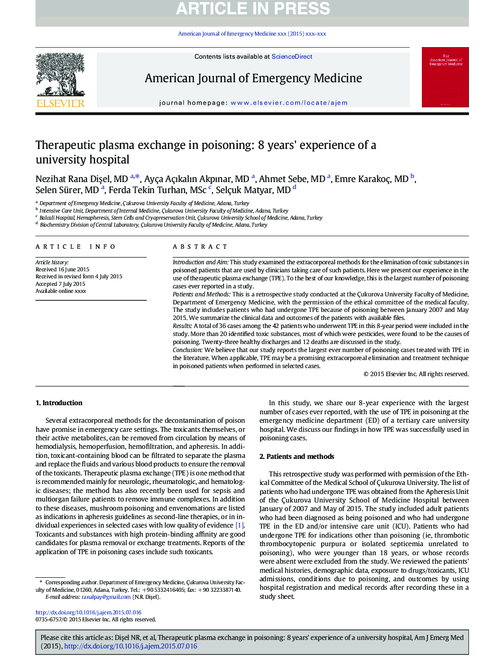 Therapeutic plasma exchange in poisoning: 8 years' experience of a university hospital