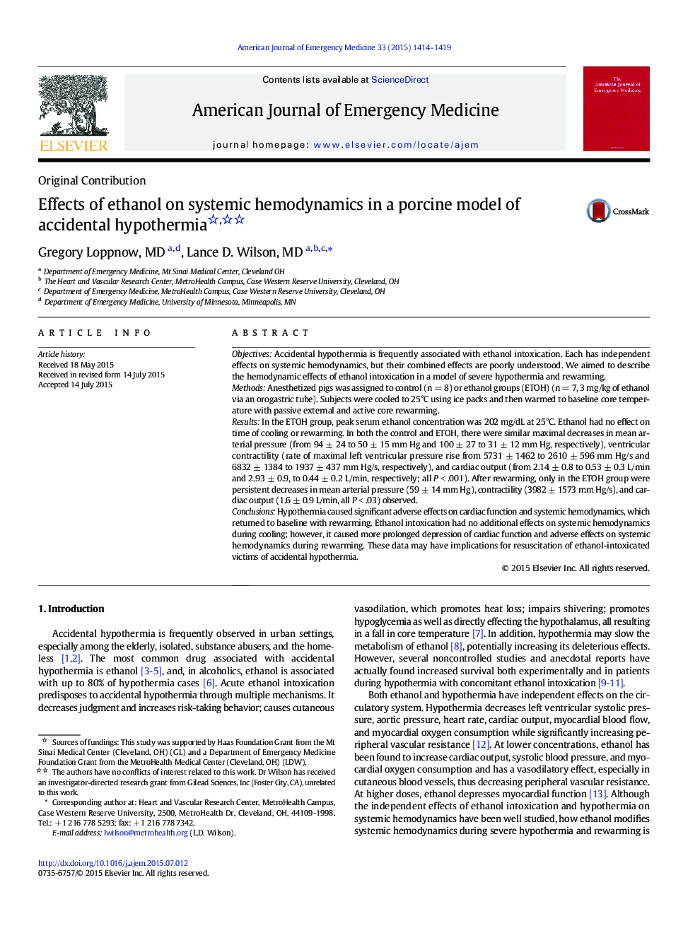 Effects of ethanol on systemic hemodynamics in a porcine model of accidental hypothermia