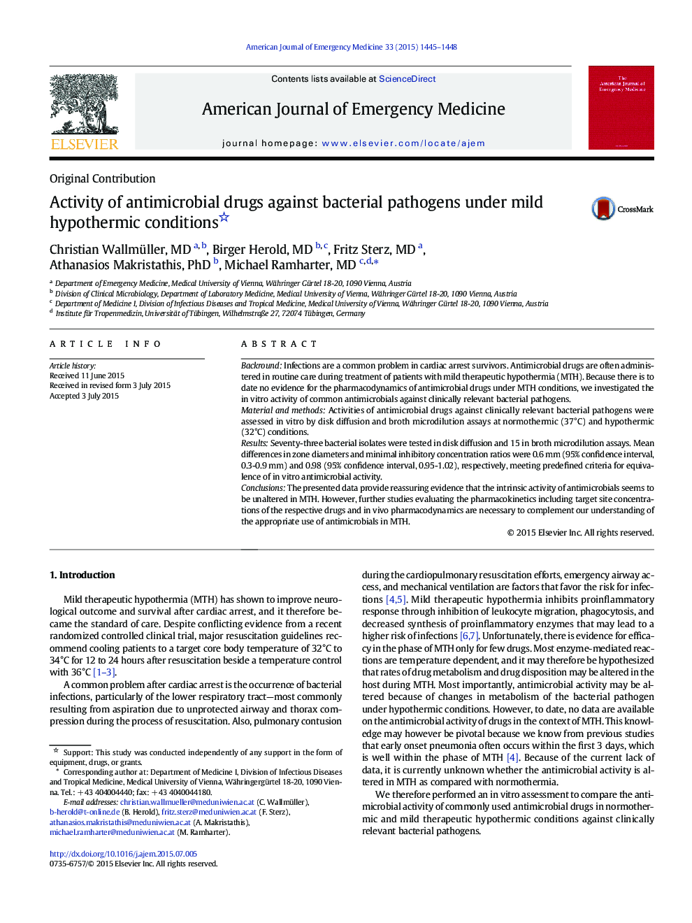 Original ContributionActivity of antimicrobial drugs against bacterial pathogens under mild hypothermic conditions