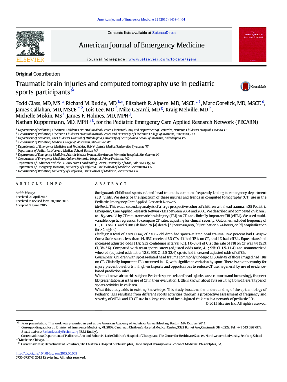 Original ContributionTraumatic brain injuries and computed tomography use in pediatric sports participants
